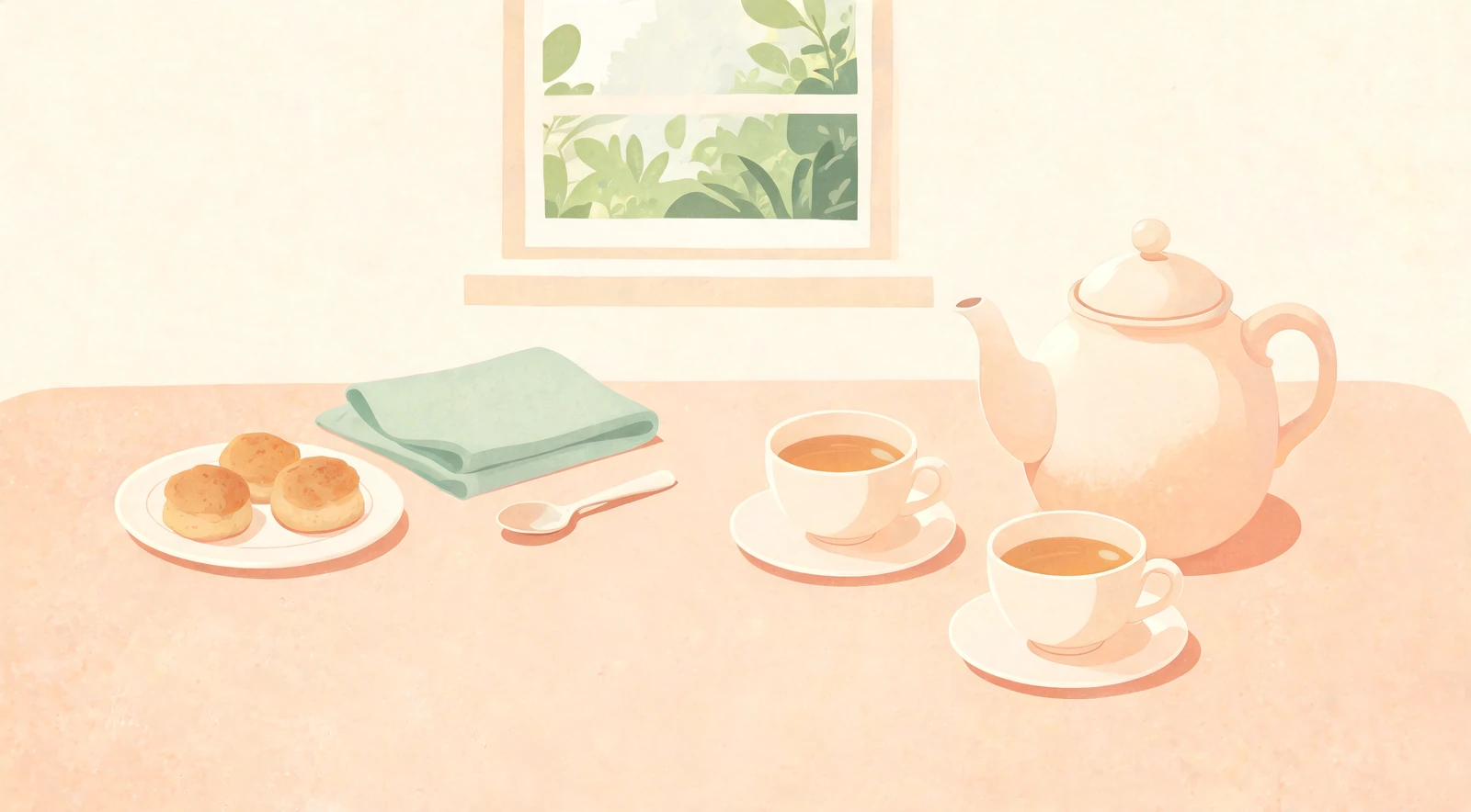 cup of tea 표현을 설명하는 찻잔과 티포트의 AI 일러스트